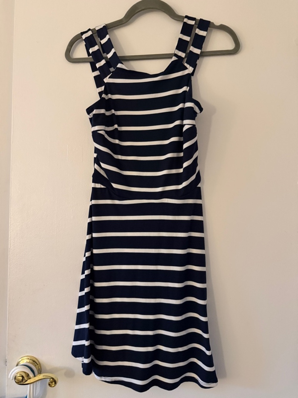 Iz Byer Navy and White Striped Midi Dress